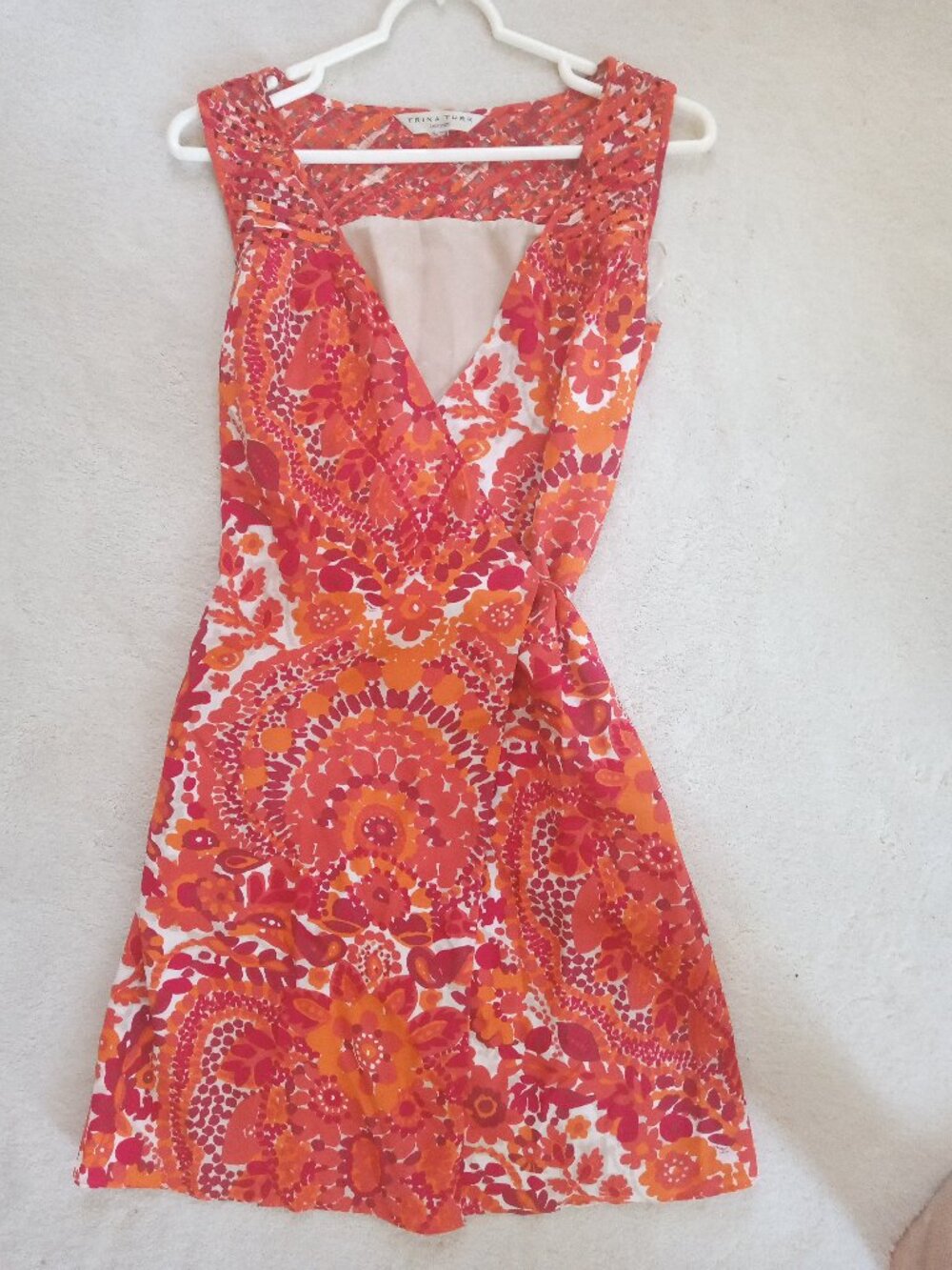TRINA TURK Wrap Dress - 100% Silk - Red/Orange Floral Print - Satin Lined